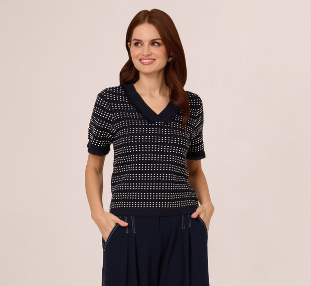 Aidan Mattox Short Sleeve Grid Knit Fringe Trim Sweater In Navy Ivory