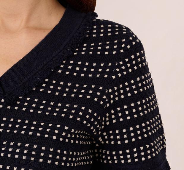 Aidan Mattox Short Sleeve Grid Knit Fringe Trim Sweater In Navy Ivory