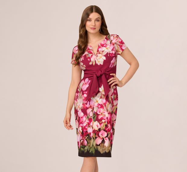 Aidan Mattox Short Sleeve Iris Floral Sheath Dress In Berry Multi