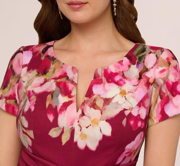 Aidan Mattox Short Sleeve Iris Floral Sheath Dress In Berry Multi