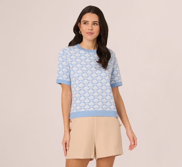 Aidan Mattox Short Sleeve Jacquard Pattern Sweater In Angelfalls