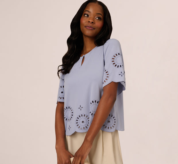 Aidan Mattox Short Sleeve Keyhole Eyelet Top In Eventide