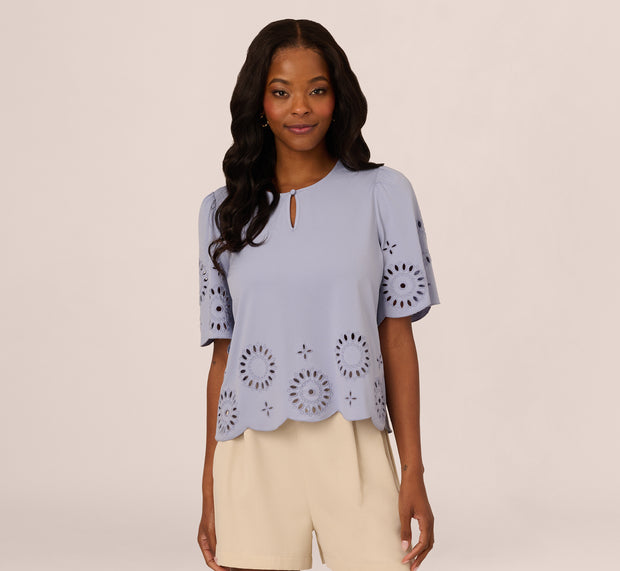 Aidan Mattox Short Sleeve Keyhole Eyelet Top In Eventide