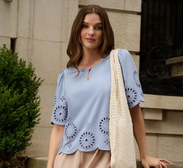 aidan mattox Short Sleeve Keyhole Eyelet Top In Eventide