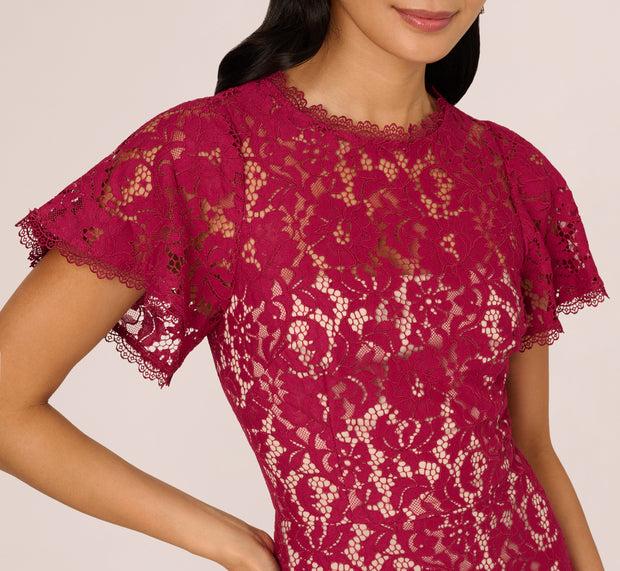 Aidan Mattox Short Sleeve Lace Illusion Short Dress In Light Wine