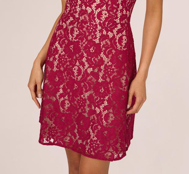 Aidan Mattox Short Sleeve Lace Illusion Short Dress In Light Wine