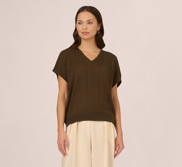 Aidan Mattox Short Sleeve Lightweight Rib Knit Sweater Top In Chocolate Walnut