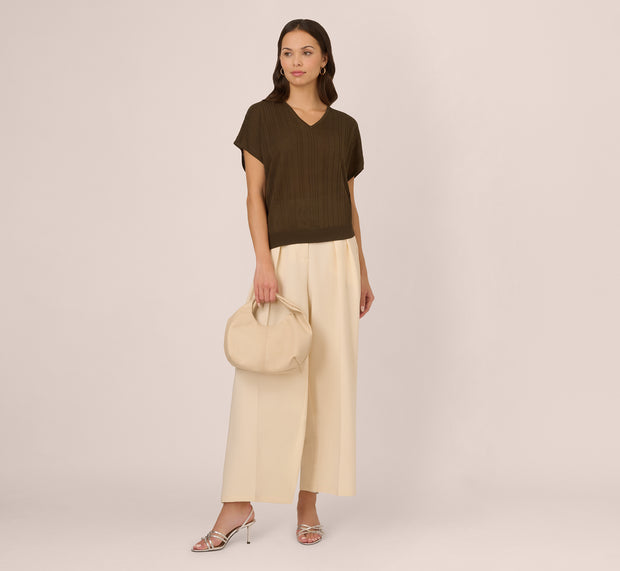 aidan mattox Short Sleeve Lightweight Rib Knit Sweater Top In Chocolate Walnut