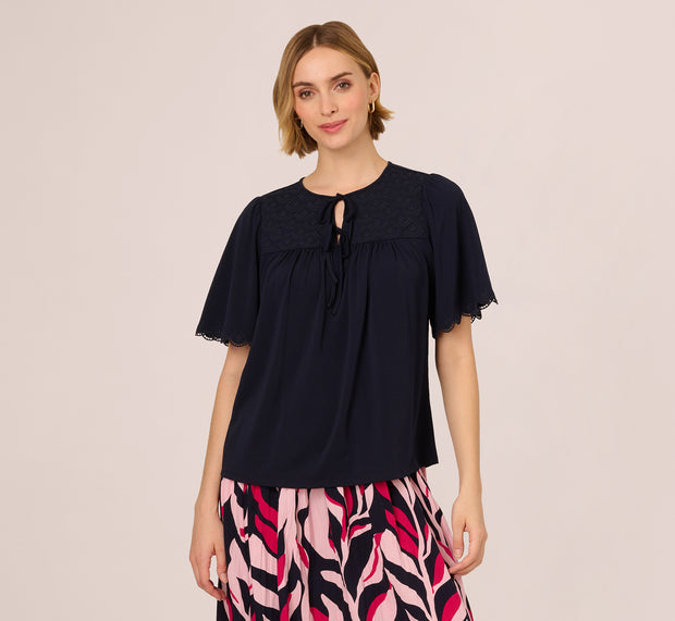 Aidan Mattox Short Sleeve Neck Tie Embroidered Yoke Top In Blue Moon