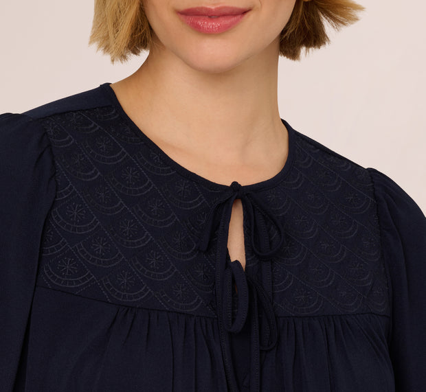 Aidan Mattox Short Sleeve Neck Tie Embroidered Yoke Top In Blue Moon