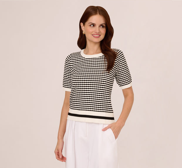 Aidan Mattox Short Sleeve Optic Pattern Knit Sweater In Ivory Black