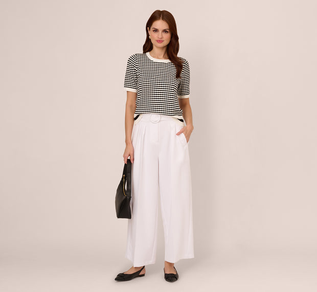 aidan mattox Short Sleeve Optic Pattern Knit Sweater In Ivory Black