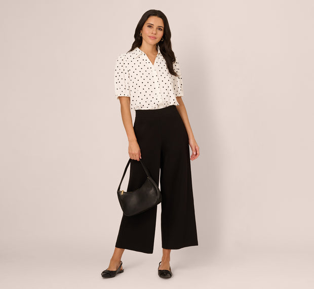 Aidan Mattox Short Sleeve Printed Button Front Blouse In Ivory Black Timeless Dot