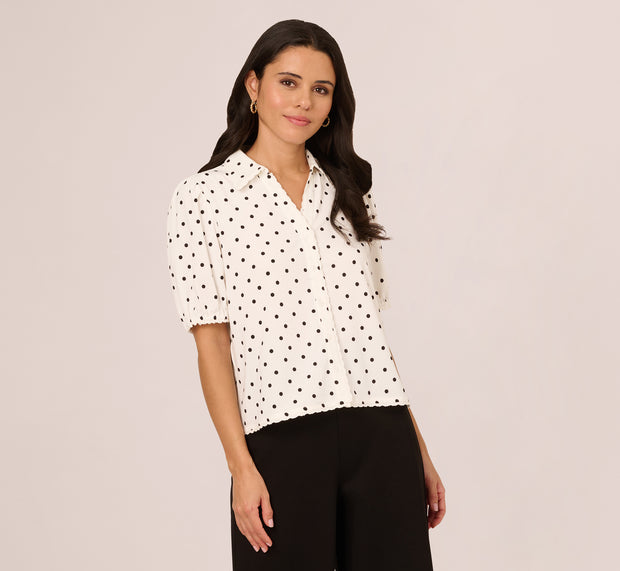 Aidan Mattox Short Sleeve Printed Button Front Blouse In Ivory Black Timeless Dot