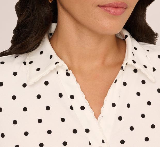 Aidan Mattox Short Sleeve Printed Button Front Blouse In Ivory Black Timeless Dot
