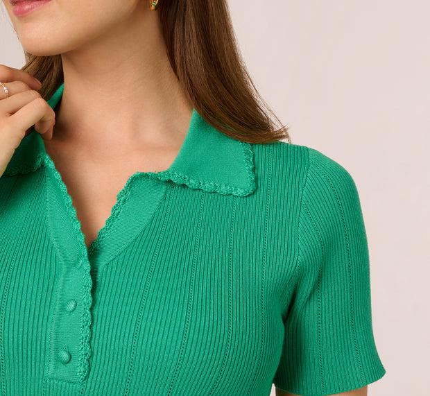 Aidan Mattox Short Sleeve Ribbed Pointelle Polo Top In Simply Green