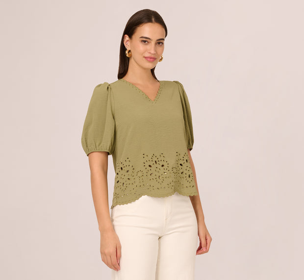 Aidan Mattox Short Sleeve Scalloped Eyelet Top In Oil Green