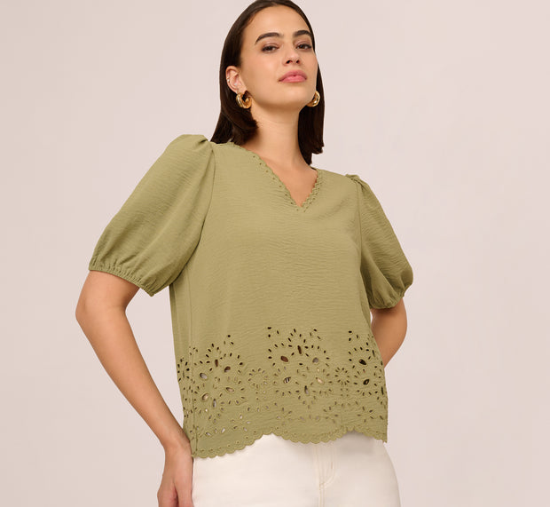 aidan mattox Short Sleeve Scalloped Eyelet Top In Oil Green