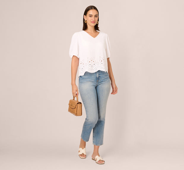 Aidan Mattox Short Sleeve Scalloped Eyelet Top In White