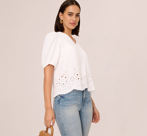 aidan mattox Short Sleeve Scalloped Eyelet Top In White