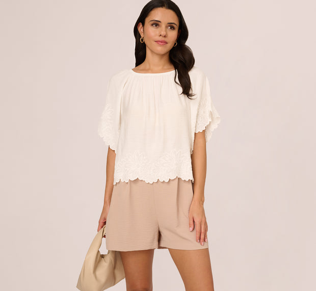 aidan mattox Short Sleeve Semisheer Scalloped Embroidery Top In Ivory