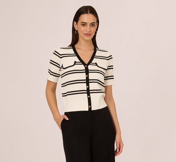 Aidan Mattox Short Sleeve Textured Striped Cardigan In Ivory Black