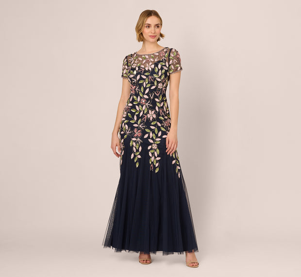 Aidan Mattox Short Sleeve Vine Beaded Godet Gown In Navy Multi