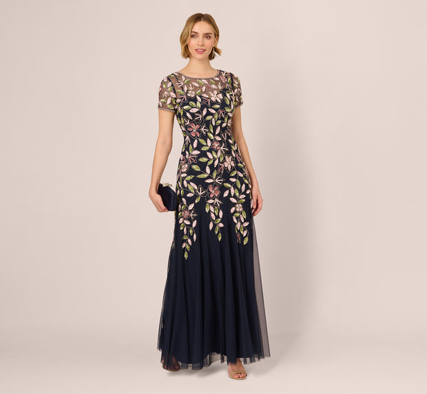 aidan mattox Short Sleeve Vine Beaded Godet Gown In Navy Multi
