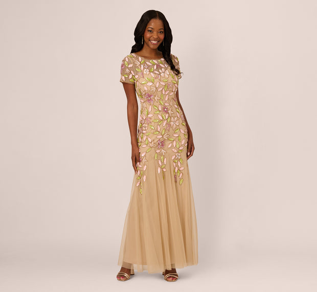 Aidan Mattox Short Sleeve Vine Beaded Godet Gown In Nude Multi