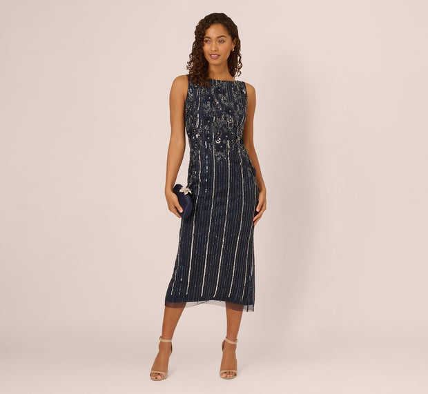 Aidan Mattox Sleeveless 3D Beaded Ankle Length Dress In Navy Gunmetal