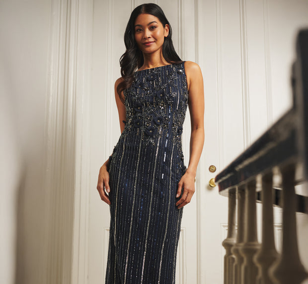 aidan mattox Sleeveless 3D Beaded Ankle Length Dress In Navy Gunmetal