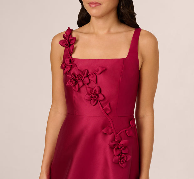 Aidan Mattox Sleeveless 3D Flower Mikado Midi Dress In Red Plum