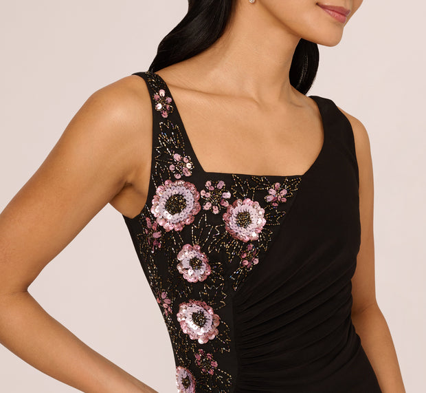 Aidan Mattox Sleeveless Asymmetrical Floral Beaded Jersey Gown In Black Multi