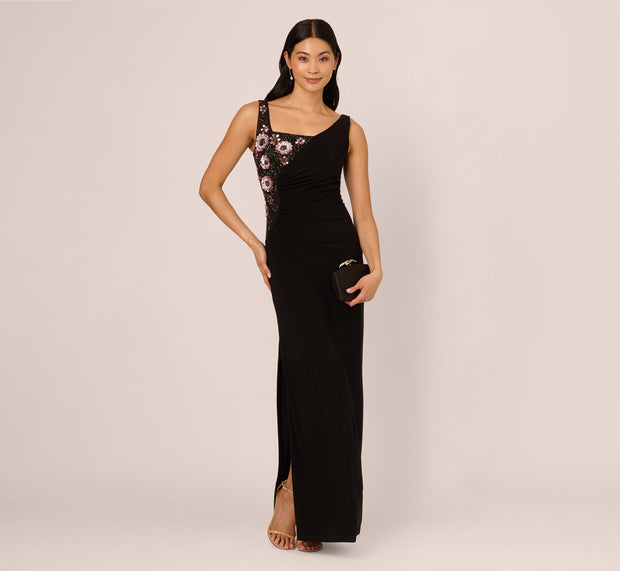 aidan mattox Sleeveless Asymmetrical Floral Beaded Jersey Gown In Black Multi