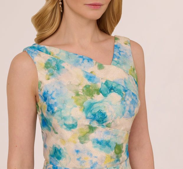 Aidan Mattox Sleeveless Asymmetrical Floral Jacquard Midi Dress In Ivory Blue Multi