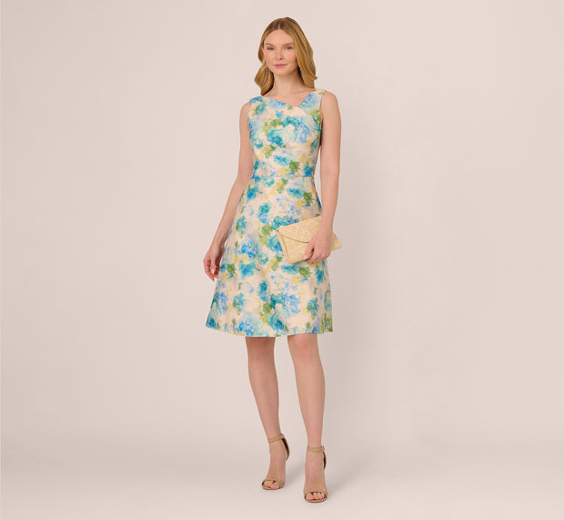 aidan mattox Sleeveless Asymmetrical Floral Jacquard Midi Dress In Ivory Blue Multi