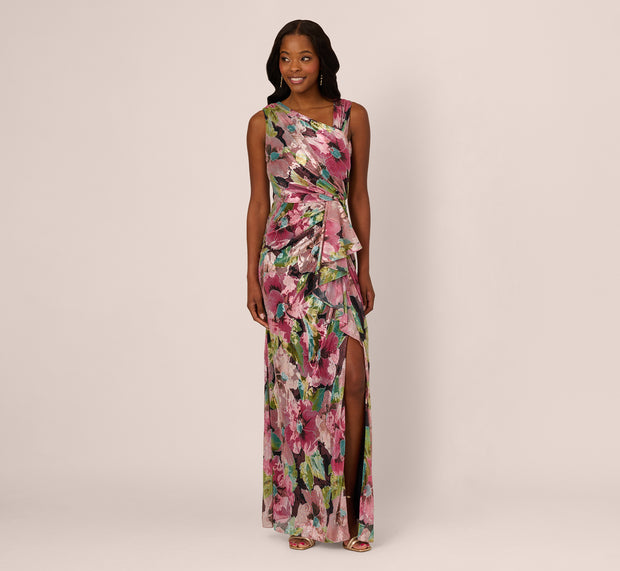 Aidan Mattox Sleeveless Asymmetrical Metallic Floral Gown In Navy Pink Multi