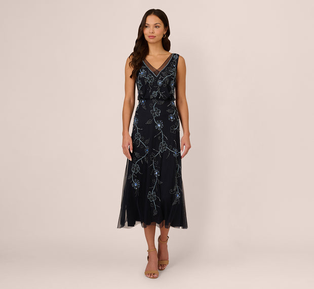 Aidan Mattox Sleeveless Beaded Blouson Midi Dress In Midnight Multi