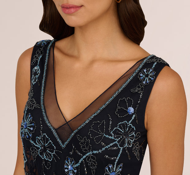 Aidan Mattox Sleeveless Beaded Blouson Midi Dress In Midnight Multi