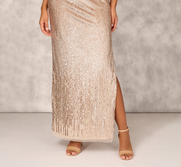 Aidan Mattox Sleeveless Beaded Column Gown With Illusion Neckline In Champagne