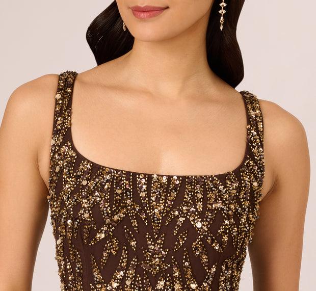 Aidan Mattox Sleeveless Beaded Mermaid Gown With Square Neckline In Chocolate