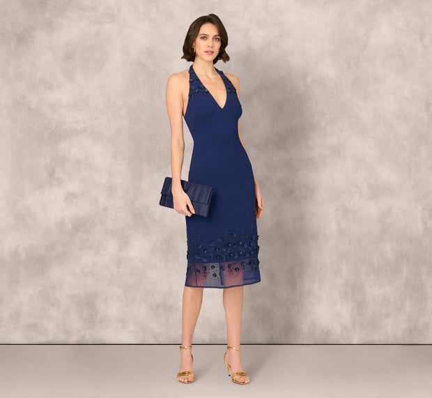 aidan mattox Sleeveless Beaded Organza Hem Halter Midi Dress In Navy
