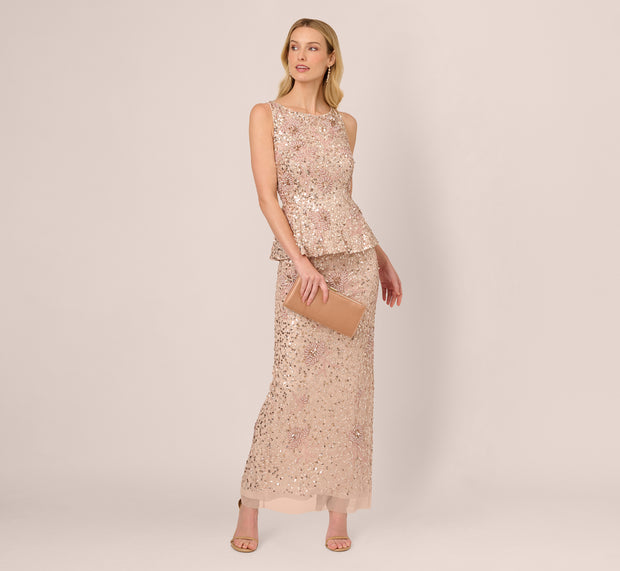 Aidan Mattox Sleeveless Beaded Peplum Dress In Shell