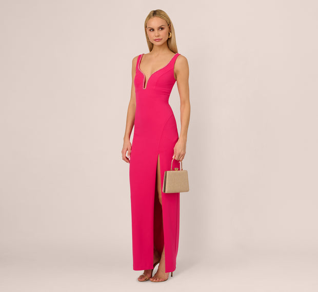 aidan mattox Sleeveless Beaded Plunge Neck Gown In Geranium