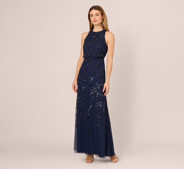 Aidan Mattox Sleeveless Blouson Mermaid Gown With Jasmine Beading In Light Navy