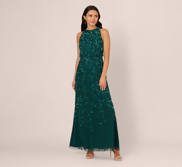 Aidan Mattox Sleeveless Blouson Mermaid Gown With Jasmine Beading In Gem Green