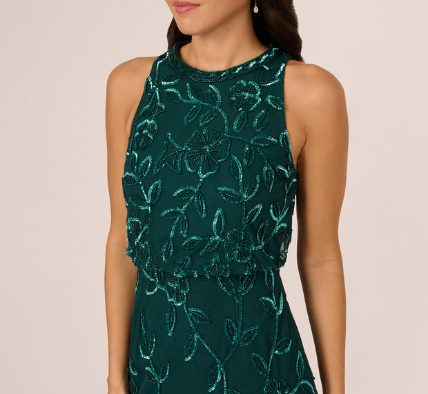 Aidan Mattox Sleeveless Blouson Mermaid Gown With Jasmine Beading In Gem Green