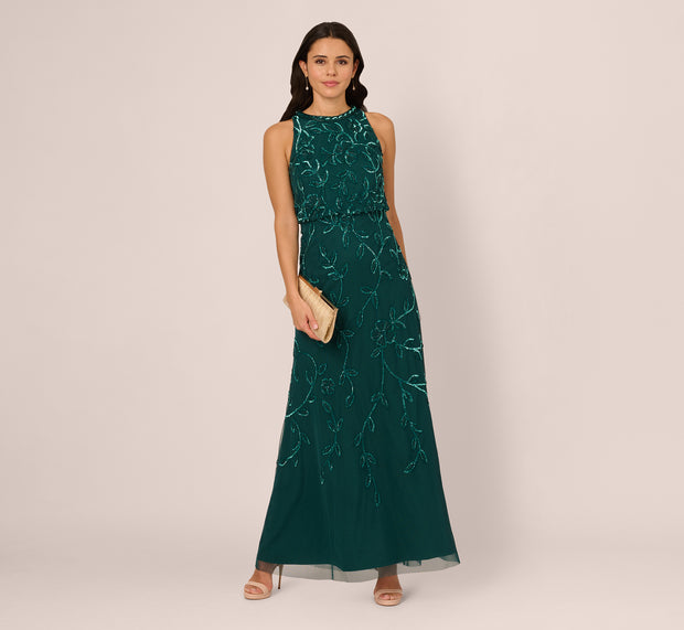 aidan mattox Sleeveless Blouson Mermaid Gown With Jasmine Beading In Gem Green