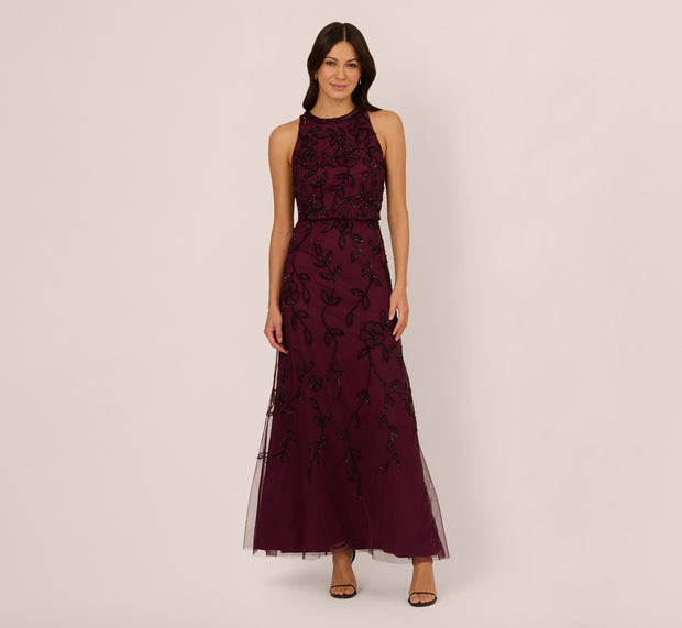 Aidan Mattox Sleeveless Blouson Mermaid Gown With Jasmine Beading In Cassis