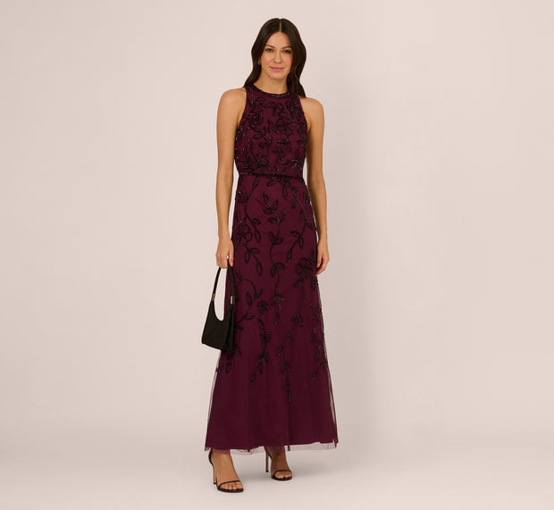 aidan mattox Sleeveless Blouson Mermaid Gown With Jasmine Beading In Cassis